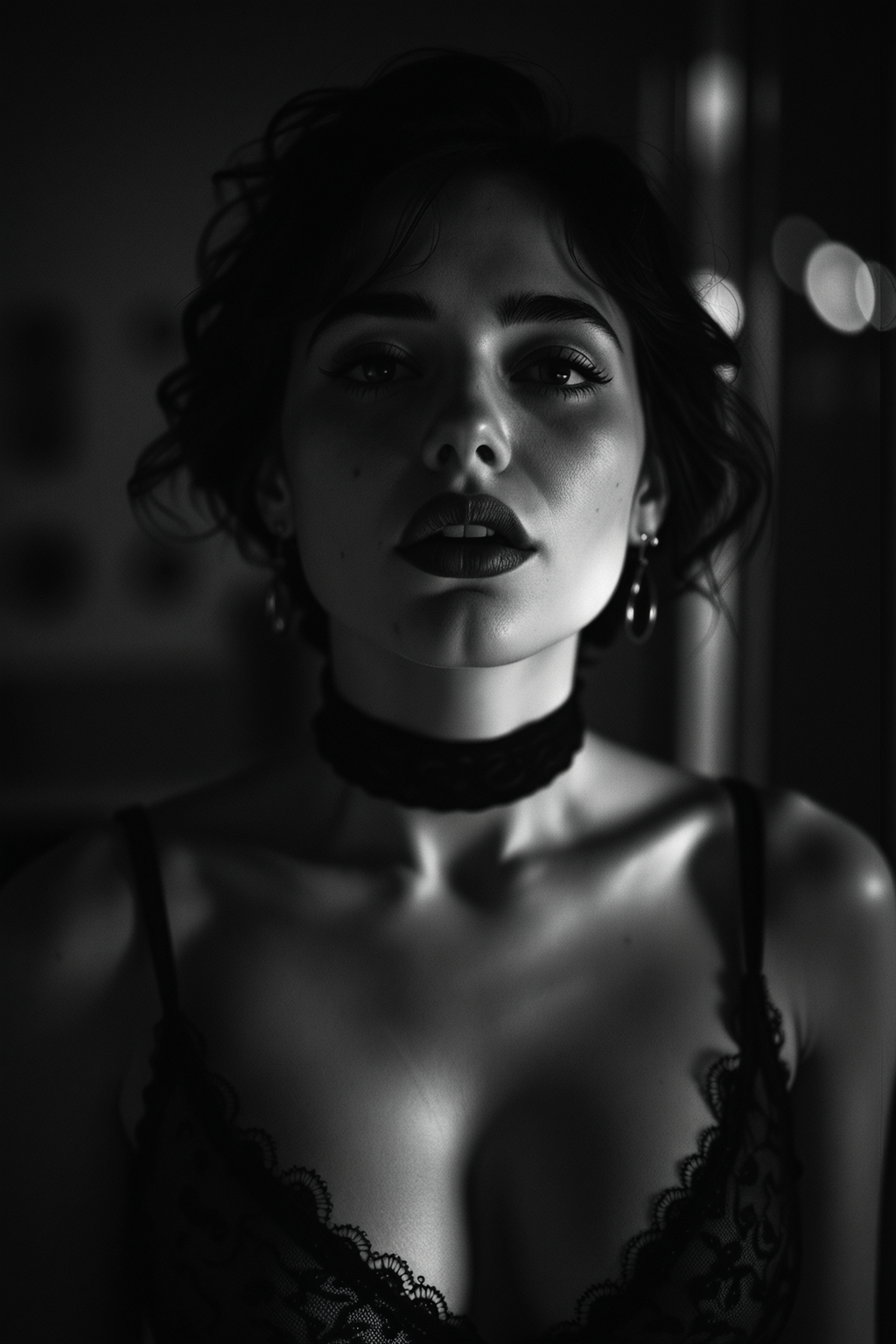 Photo of a woman, (lips, horny sensual smirk), Captured with a 35mm lens, wearing a sheer black outfit, choker, the composition is highly detailed, luminous, ((nipple outline, breast focus, small perky breasts)), emotional, provocative lighting, (b&w, Monochromatic, Film Photography:1.3),  Photorealistic, Hyperrealistic, Hyperdetailed, film noir, analog style, soft lighting, subsurface scattering, realistic, heavy shadow, masterpiece, best quality, ultra realistic, 8k, golden ratio, Intricate, High Detail, film photography, soft focus, 3/4 view