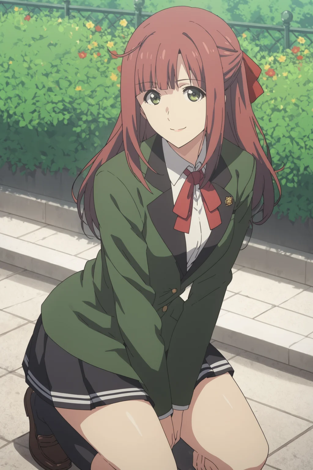 homura suzuko, long hair, red hair, green eyes, hair ribbon, school uniform, red bowtie, white shirt, (jacket:1.5), green jacket, black skirt, pleated skirt, black kneehighs, loafers, <lora:homura_suzuko:0.7>, score_9, score_8_up, score_7_up, score_6_up, score_5_up, source_anime, rating_safe, outdoors, flower garden, 1girl, solo, looking at viewer, <lora:age_slider_v4:3>, smile