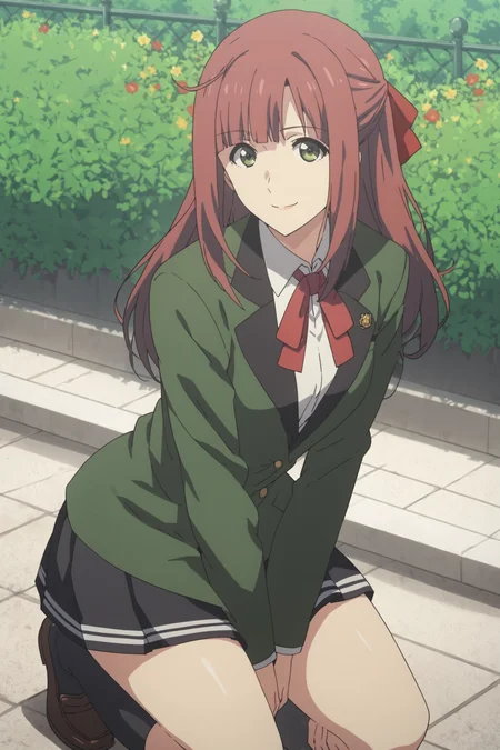 homura suzuko, long hair, red hair, green eyes, hair ribbon, school uniform, red bowtie, white shirt, (jacket:1.5), green jacket, black skirt, pleated skirt, black kneehighs, loafers, <lora:homura_suzuko:0.7>, score_9, score_8_up, score_7_up, score_6_up, score_5_up, source_anime, rating_safe, outdoors, flower garden, 1girl, solo, looking at viewer, <lora:age_slider_v4:3>, smile