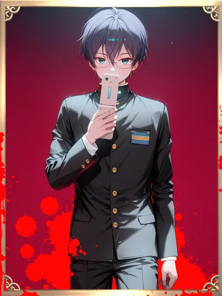lazypos, ningen mame, nagasawa tougo, ciloranko, <lora:ShigeCoPa3XL:1> ShigeCoPa, 1boy, school uniform, gakuran, badge, glasses, short hair, black pants, uwabaki, cowboy shot, inset border, red paint splatter, gradient background, tachi-e, looking at viewer, <lora:cfg_scale_boost:0.5>, <lora:V2_yakumo_alchemy:0.8>, expressionless, flip phone, holding phone, simple background, covered mouth, glitch,