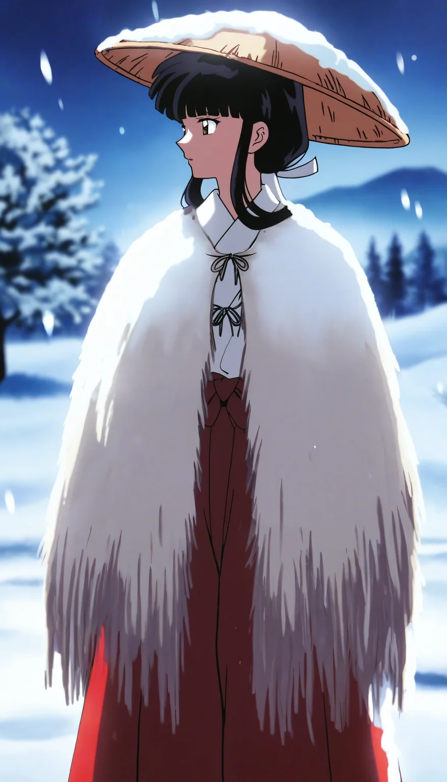 masterpiece,best quality,amazing quality,
<lora:kikyoNAI:1>,k1ky0,
1girl,solo,black hair,bangs,low ponytail,brown eyes,white scrunchie,straw hat,miko outfit,straw cloak,red hakama,cowboy shot,looking to the side,cover snow,outdoors,winter,snow,tree,hill,soft lighting,depth of field,light particles,