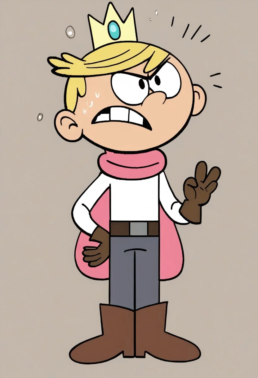 (score_9 | score_8_up | score_7_up) ((masterpiece:1))(best quality,very high quality,ultra detailed:1.2) (2D,cartoon style,anime style)(Smooth:2)(clean blurring) (four fingers on each hand,one thumb on each hand:1), Lexx Loud, solo 1boy, Blonde hair, missing teeth, yellow crown with a Sapphire, white long sleeved shirt, pink cape, Brown gloves, Brown belt, dark gray pants, Brown boots