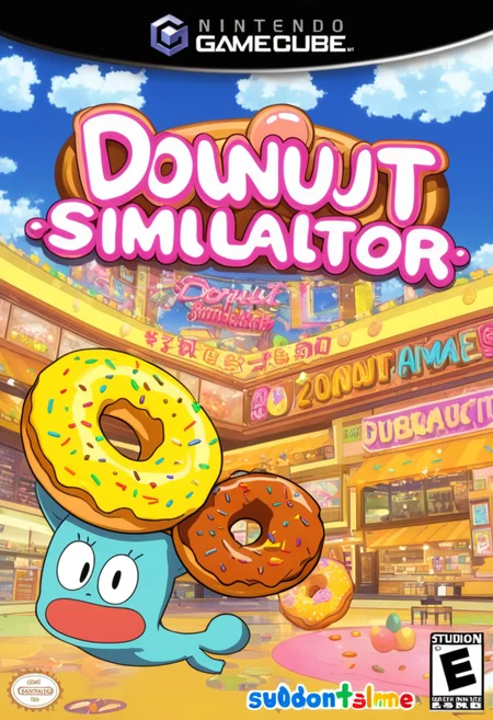 anime artwork <lora:GCNBoxArt:1> GCNBOXART, "donut simulator", title, food_focus, no_humans, . anime style, key visual, vibrant, studio anime, highly detailed