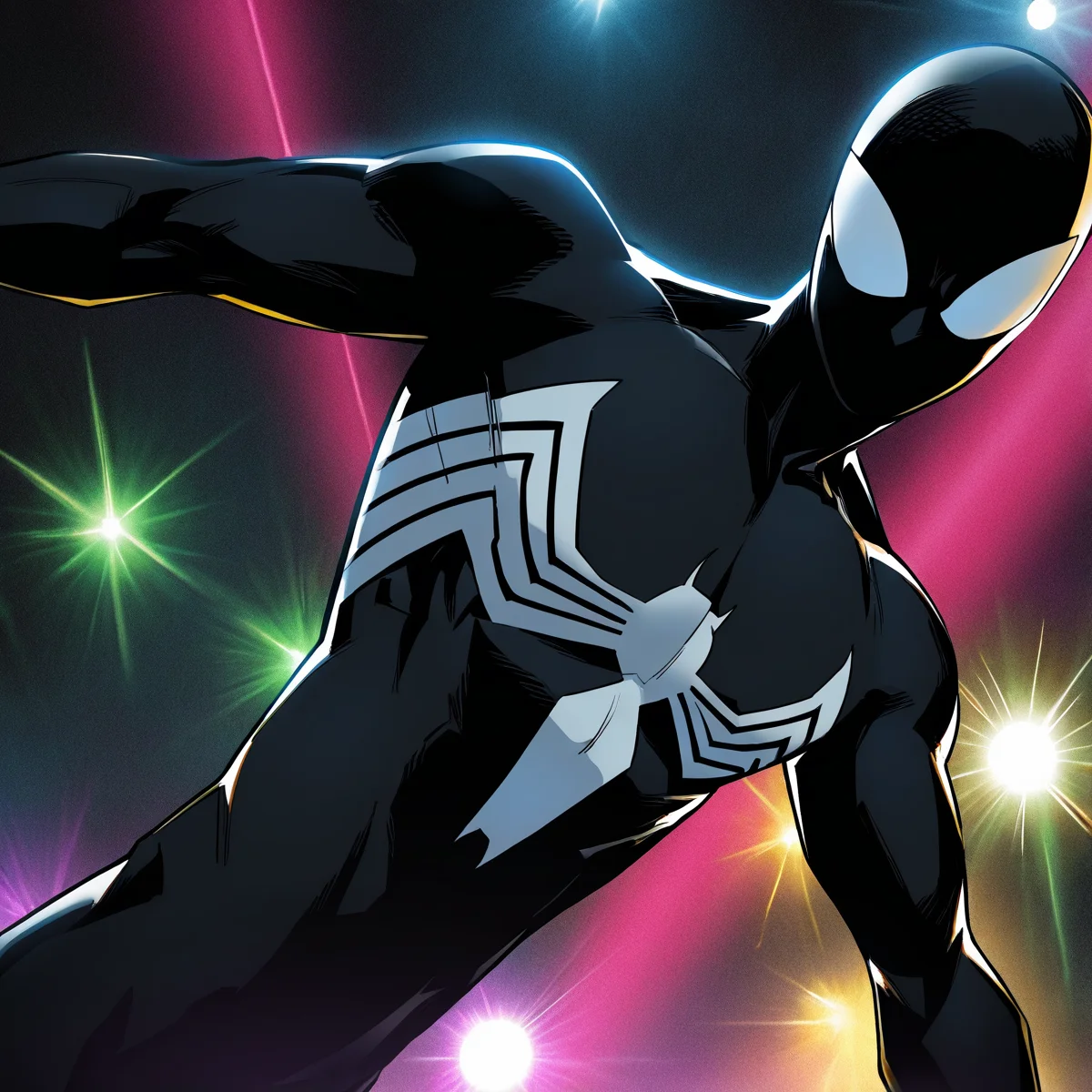 <lora:Symbiote_Spiderman-05:1> male focus, 1boy, solo, black bodysuit, mask, superhero, muscular, looking at viewer, white eyes,dynamic lights,masterpiece, highres