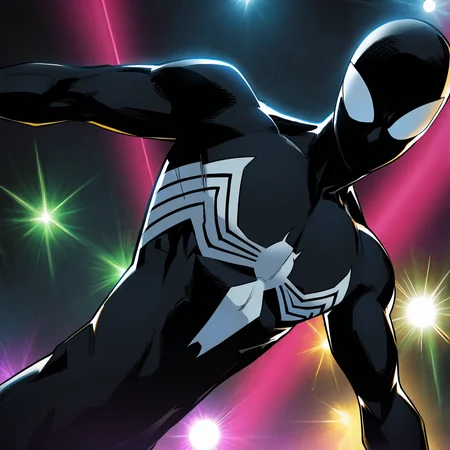 <lora:Symbiote_Spiderman-05:1> male focus, 1boy, solo, black bodysuit, mask, superhero, muscular, looking at viewer, white eyes,dynamic lights,masterpiece, highres
