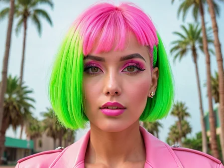 A headshot photo of a female model with neon green bob-cut hair, wearing a pink leather jacket. A retro 80s-themed background with neon grids and palm trees.