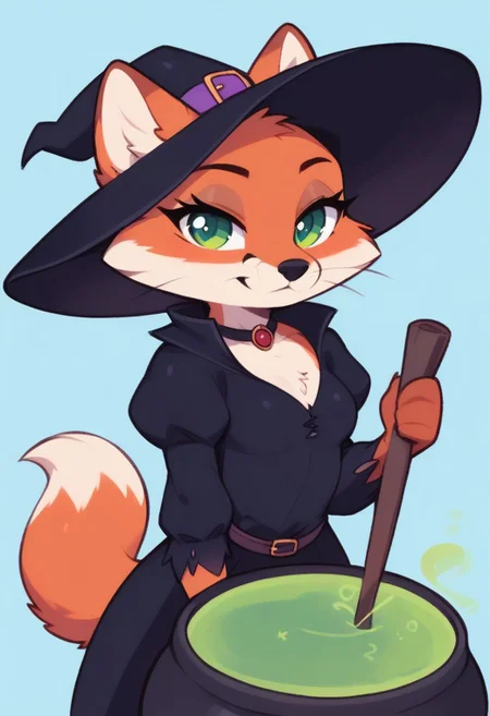 score_9, score_8_up, score_7_up, highres, high quality, perfection,
BREAK
1girl, (solo: 2.0), girl alone, front view, simple blue background, halloween,
BREAK
furry female, (anthro fox girl: 1.2), cute girl, detailed fur, two-tone fur, orange fur, white fur, (bald_girl: 1.2), (baldness: 2.0), detailed face, beautiful face, eyelashes, (green eyes: 1.2), perfect eyes, detailed eyes, whiskers, small breasts, fluffy tail, (chibi: 1,4),
clothed, witch, witch outfit, black dress, puffy sleeves, witch hat,
standing, stirring cauldron,
BREAK
big cauldron, witch cauldron with green liquid, magic,