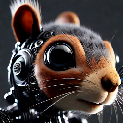 <lora:Robots and Blonde Girl:0.99>squirrel, portrait, close-up, non-humanoid robot, no humans, solo, advanced robotic squirrel design, close-up view capturing the head and upper body, lifelike eyes with glossy black surfaces reflecting the surroundings, delicate fur textures on the face blending seamlessly with metallic and mechanical components, intricate network of gears, wires, and small circuits embedded around the eyes and forehead, highly detailed whiskers protruding from the snout area, nose and ears retaining a naturalistic appearance, neck and upper body covered with a mix of synthetic fur and visible metallic structures, featuring small gears and bolts, tail visible in the background, hinting at the fluffy yet robotic nature, soft lighting creating subtle reflections on the metal parts, neutral background slightly blurred to keep focus on the squirrelâs face, overall composition showcasing the fusion of natural squirrel features with high-tech robotics, evoking a sense of advanced bio-mechanical design, image portraying the robotic squirrel as an intriguing and lifelike fusion of nature and technology