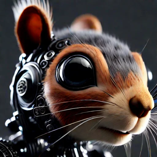 <lora:Robots and Blonde Girl:0.99>squirrel, portrait, close-up, non-humanoid robot, no humans, solo, advanced robotic squirrel design, close-up view capturing the head and upper body, lifelike eyes with glossy black surfaces reflecting the surroundings, delicate fur textures on the face blending seamlessly with metallic and mechanical components, intricate network of gears, wires, and small circuits embedded around the eyes and forehead, highly detailed whiskers protruding from the snout area, nose and ears retaining a naturalistic appearance, neck and upper body covered with a mix of synthetic fur and visible metallic structures, featuring small gears and bolts, tail visible in the background, hinting at the fluffy yet robotic nature, soft lighting creating subtle reflections on the metal parts, neutral background slightly blurred to keep focus on the squirrelâs face, overall composition showcasing the fusion of natural squirrel features with high-tech robotics, evoking a sense of advanced bio-mechanical design, image portraying the robotic squirrel as an intriguing and lifelike fusion of nature and technology