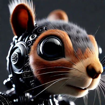 <lora:Robots and Blonde Girl:0.99>squirrel, portrait, close-up, non-humanoid robot, no humans, solo, advanced robotic squirrel design, close-up view capturing the head and upper body, lifelike eyes with glossy black surfaces reflecting the surroundings, delicate fur textures on the face blending seamlessly with metallic and mechanical components, intricate network of gears, wires, and small circuits embedded around the eyes and forehead, highly detailed whiskers protruding from the snout area, nose and ears retaining a naturalistic appearance, neck and upper body covered with a mix of synthetic fur and visible metallic structures, featuring small gears and bolts, tail visible in the background, hinting at the fluffy yet robotic nature, soft lighting creating subtle reflections on the metal parts, neutral background slightly blurred to keep focus on the squirrelâs face, overall composition showcasing the fusion of natural squirrel features with high-tech robotics, evoking a sense of advanced bio-mechanical design, image portraying the robotic squirrel as an intriguing and lifelike fusion of nature and technology