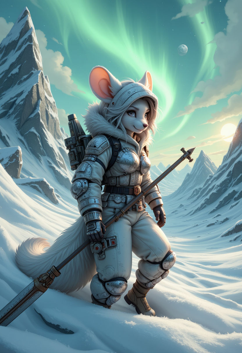 FurFemX. The image is a cinematic digital artwork in a hyper-realistic, semi-realistic style, portraying a battle-hardened mouse woman survivor, navigating a frozen wasteland under a sky of swirling snow. Her thick, white fur is streaked with frost, and her messy silver-blonde hair spills from beneath a hood lined with snow fox fur. She wears a patched-together survival suit, layered with scavenged armor, ice-crusted gloves gripping a rusted, makeshift spear. Her tail is wrapped in thermal fabric, twitching slightly as she scans the endless white horizon for danger. Jagged ice formations rise around her, the wreckage of an ancient warship half-buried in snow behind her. The aurora borealis dances above, its green glow casting an eerie light over the desolate tundra. Despite the cold, her eyes burn with relentless determination, the last warrior of a forgotten war.