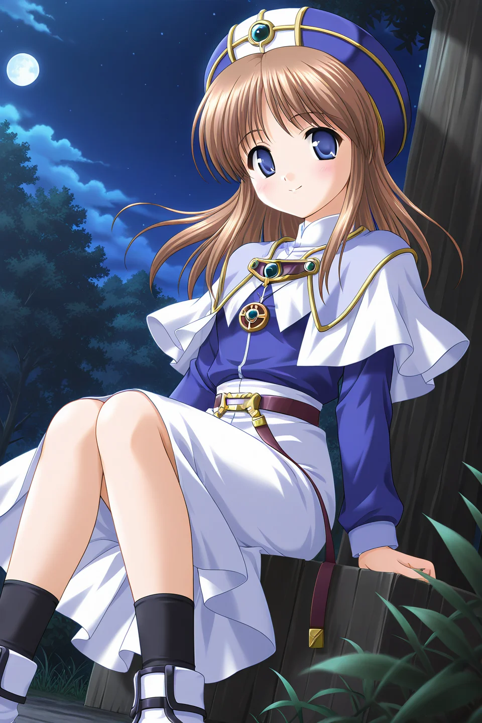masterpiece, best quality, absurdres, official art, official style, rating general BREAK <lora:sylphycloud_IL_v1-1:0.7>, sylphy cloud, 1girl, solo, blue eyes, brown hair, long hair, bangs, flat chest, hat, blue headwear, priest, robe, gem, brooch, pendant, white capelet, light purple capelet, layered capelet, turtleneck, blue dress, long sleeves, belt, belt buckle, belt ribbon, white skirt, long skirt, legs, kneehighs, black socks, ankle boots, white footwear, blush, smile, sitting, looking at viewer, floating hair, outdoors, nature, night, night sky, dutch angle, starry sky, moon, cloud, tree, scenery