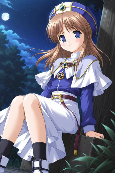 masterpiece, best quality, absurdres, official art, official style, rating general BREAK <lora:sylphycloud_IL_v1-1:0.7>, sylphy cloud, 1girl, solo, blue eyes, brown hair, long hair, bangs, flat chest, hat, blue headwear, priest, robe, gem, brooch, pendant, white capelet, light purple capelet, layered capelet, turtleneck, blue dress, long sleeves, belt, belt buckle, belt ribbon, white skirt, long skirt, legs, kneehighs, black socks, ankle boots, white footwear, blush, smile, sitting, looking at viewer, floating hair, outdoors, nature, night, night sky, dutch angle, starry sky, moon, cloud, tree, scenery