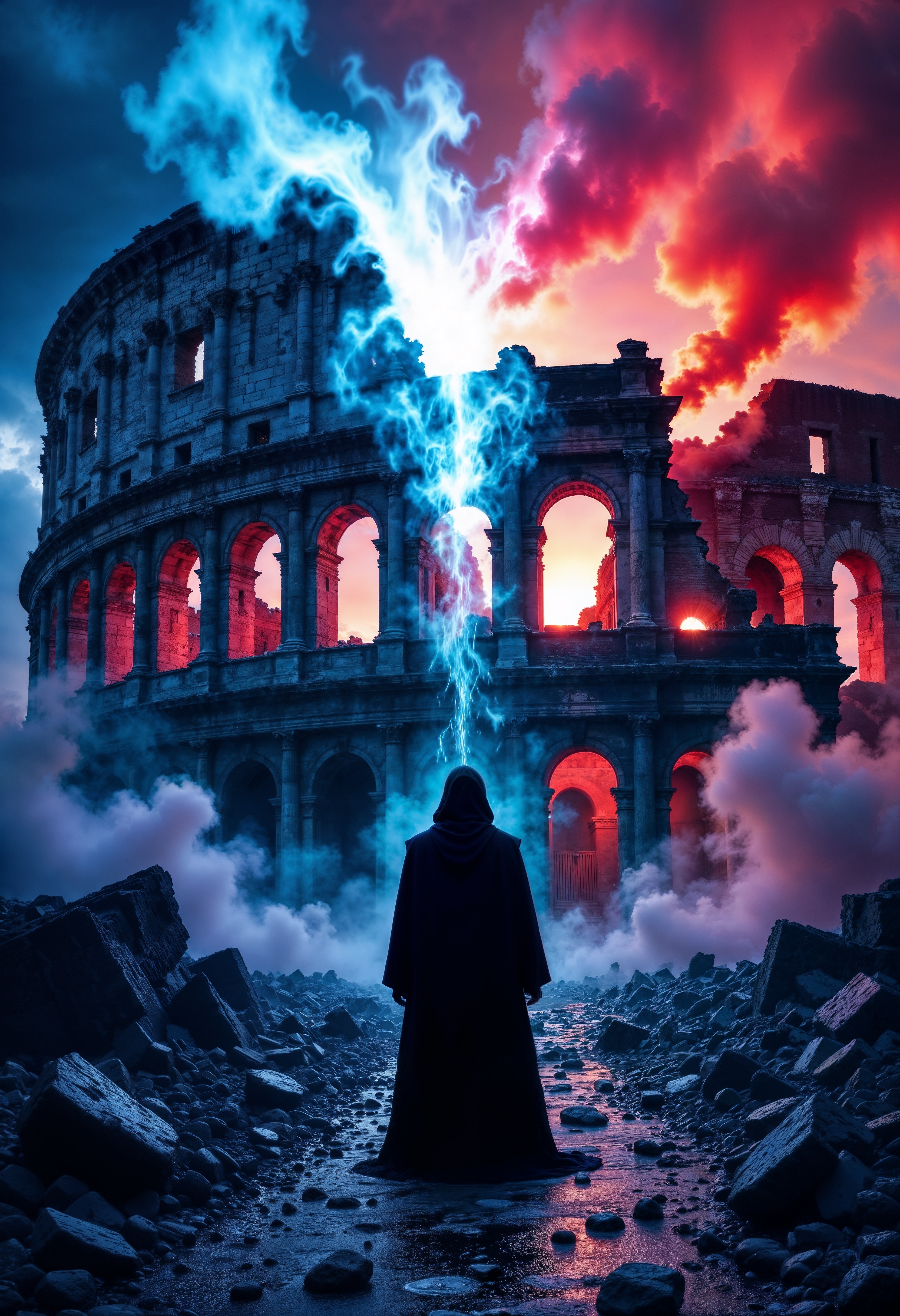 A grand, ancient Roman-style coliseum in the background, crumbling as neon blue and red smoke rises from its ruins. In the foreground, a cloaked figure stands alone, looking up at the collapsing symbol of human wisdom, as a divine light pierces through the dark clouds overhead, symbolizing the frustration of worldly intelligence.