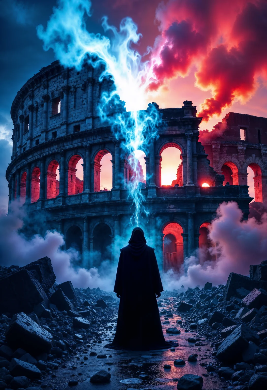 A grand, ancient Roman-style coliseum in the background, crumbling as neon blue and red smoke rises from its ruins. In the foreground, a cloaked figure stands alone, looking up at the collapsing symbol of human wisdom, as a divine light pierces through the dark clouds overhead, symbolizing the frustration of worldly intelligence.
