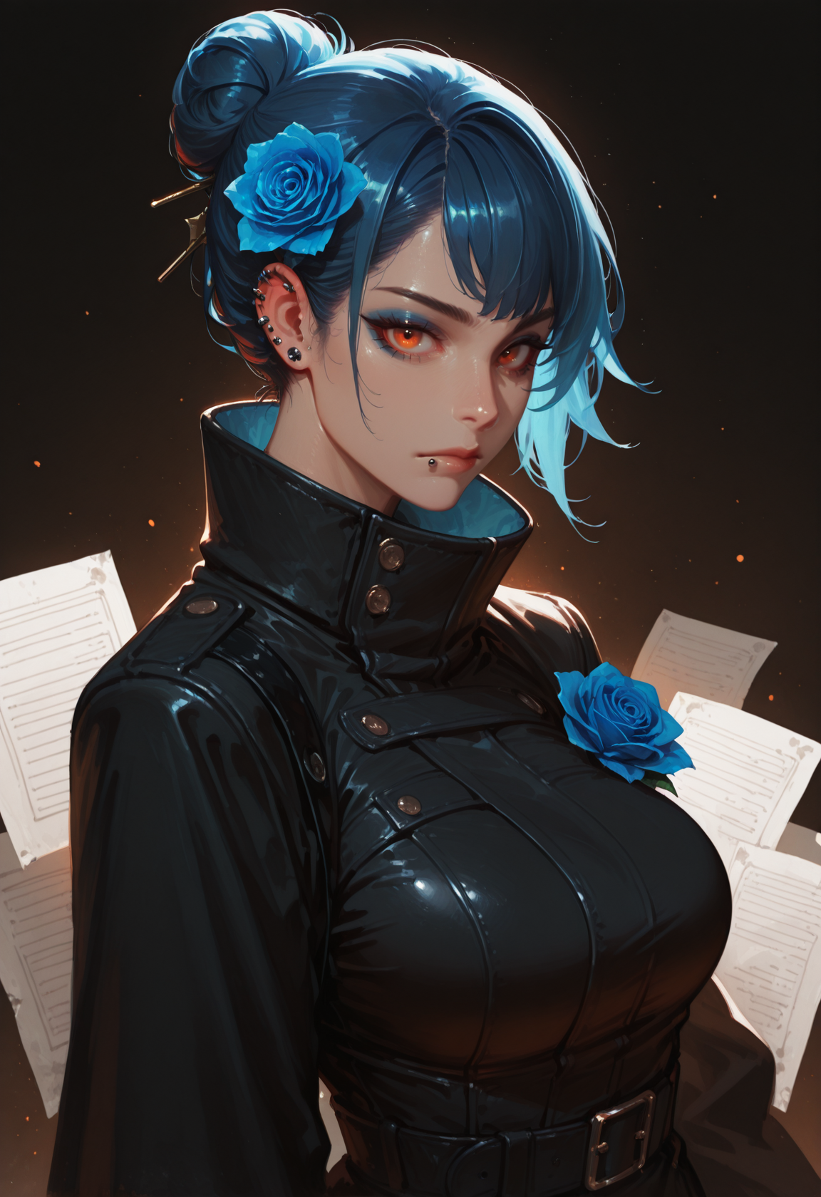 1girl, hair flower, flower, solo, hair ornament, blue hair, hair bun, long sleeves, closed mouth, makeup, single hair bun, short hair, orange eyes, coat, breasts, piercing, paper, brown eyes, looking at viewer, lip piercing, high collar, rose, eyeshadow, ear piercing, upper body, jacket, red eyes, black coat, blue flower, black jacke, masterwork, masterpiece, best quality, dynamic lighting , dynamic pose,,  dynamic angle, , , (realistic:1.2), (lineless:1.2), detailed, <lora:Detailer_NoobAI_Incrs_v1:0.75>, , aged up, adult, depth of field, dynamic lighting, blurry, cheekbones,