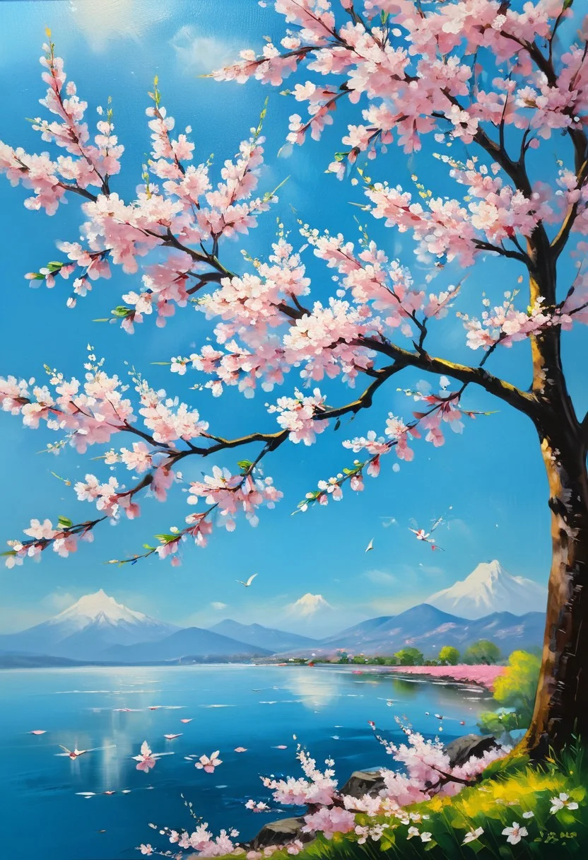 oil painting, Cherry blossoms, Sky (blue), Flowers (pink), Natural scenery, Fresh and clean, Cherry blossom tree, Springtime, Beautiful landscape, Sunlight, Warm atmosphere<lora:xl_more_art-full_v1:0.3><lora:oil_SDXL_v1.0:0.8>