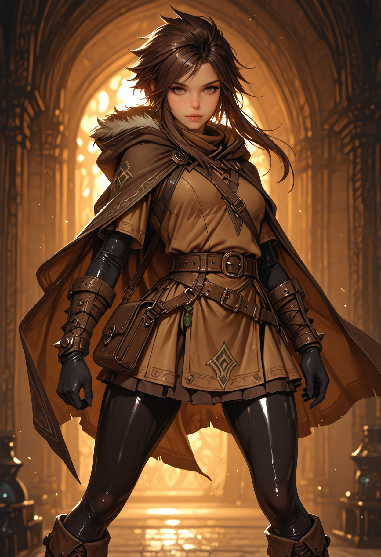 <lora:ILLMythP0rtr4itStyle:0.8> mythp0rt,
spiked hair, short hair with long locks,
fantasy, D&D theme, rogue, thief, thief cloak, fur trim, dark clothes, black and brown clothes, thick clothes, hood down, long sleeve tunic, bracer, elbow gloves, belt, purse, skirt, black leggings, boots, knee boots, 1woman, solo, beautiful, , shiny skin,, masterpiece, best quality, good quality, very aesthetic, absurdres, newest, 8K, depth of field, realistic, Cinematic Lighting, 
 <lora:MoriiMee_Gothic_Niji_Style_Illustrious_r1:0.8> artist:moriimee,, standing, medium full shot, half-body portrait, legs apart, stoic stance