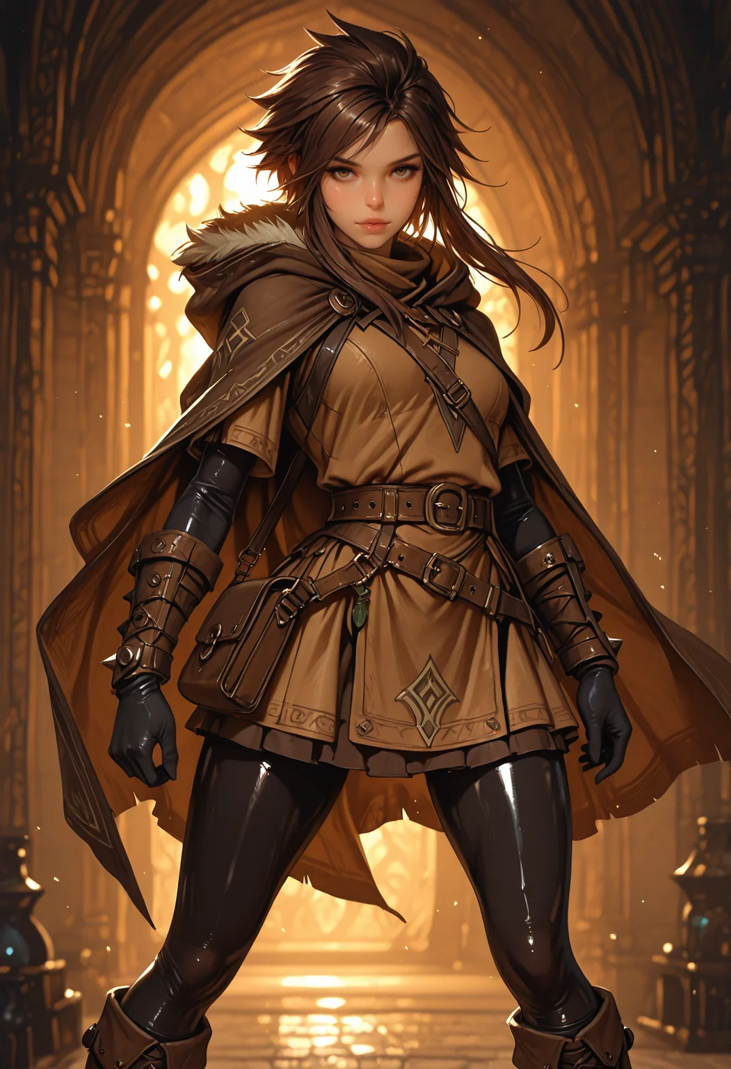 <lora:ILLMythP0rtr4itStyle:0.8> mythp0rt,
spiked hair, short hair with long locks,
fantasy, D&D theme, rogue, thief, thief cloak, fur trim, dark clothes, black and brown clothes, thick clothes, hood down, long sleeve tunic, bracer, elbow gloves, belt, purse, skirt, black leggings, boots, knee boots, 1woman, solo, beautiful, , shiny skin,, masterpiece, best quality, good quality, very aesthetic, absurdres, newest, 8K, depth of field, realistic, Cinematic Lighting,
<lora:MoriiMee_Gothic_Niji_Style_Illustrious_r1:0.8> artist:moriimee,, standing, medium full shot, half-body portrait, legs apart, stoic stance