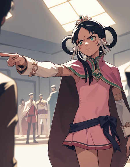 score_9,  score_8_up, score_7_up, source_anime <lora:rayfa-ponyxl-000017:1> rayfa, tiara, cape, short dress, pink dress, detached sleeves,
1girl, annoyed, pointing, podium, courtroom