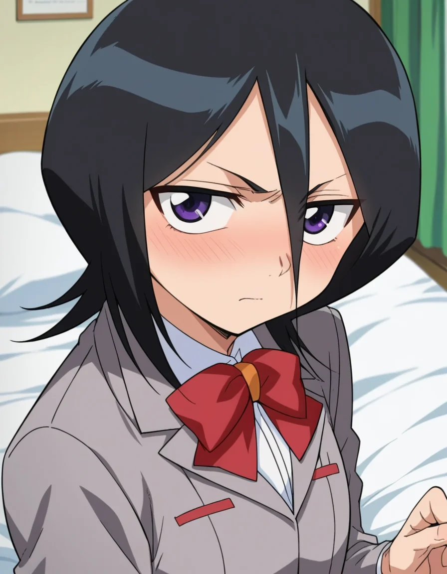 score_9, score_8_up, score_7_up, source_anime,
rukiakuchiki, <lora:rukia-kuchiki-s1-ponyxl-lora-nochekaiser:1>,
rukia kuchiki, black hair, hair between eyes, purple eyes, short hair,
skirt, bow, school uniform, jacket, blazer, grey jacket,
indoors, bed, bed room, on side, blush, drunk,
looking at viewer, cowboy shot, dutch angle,
