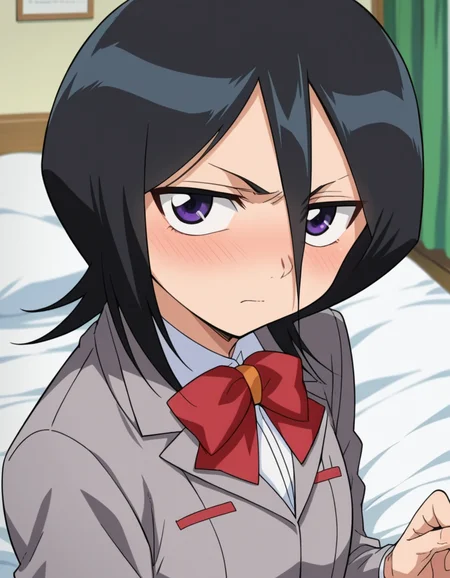 score_9, score_8_up, score_7_up, source_anime,
rukiakuchiki, <lora:rukia-kuchiki-s1-ponyxl-lora-nochekaiser:1>,
rukia kuchiki, black hair, hair between eyes, purple eyes, short hair,
skirt, bow, school uniform, jacket, blazer, grey jacket,
indoors, bed, bed room, on side, blush, drunk,
looking at viewer, cowboy shot, dutch angle,