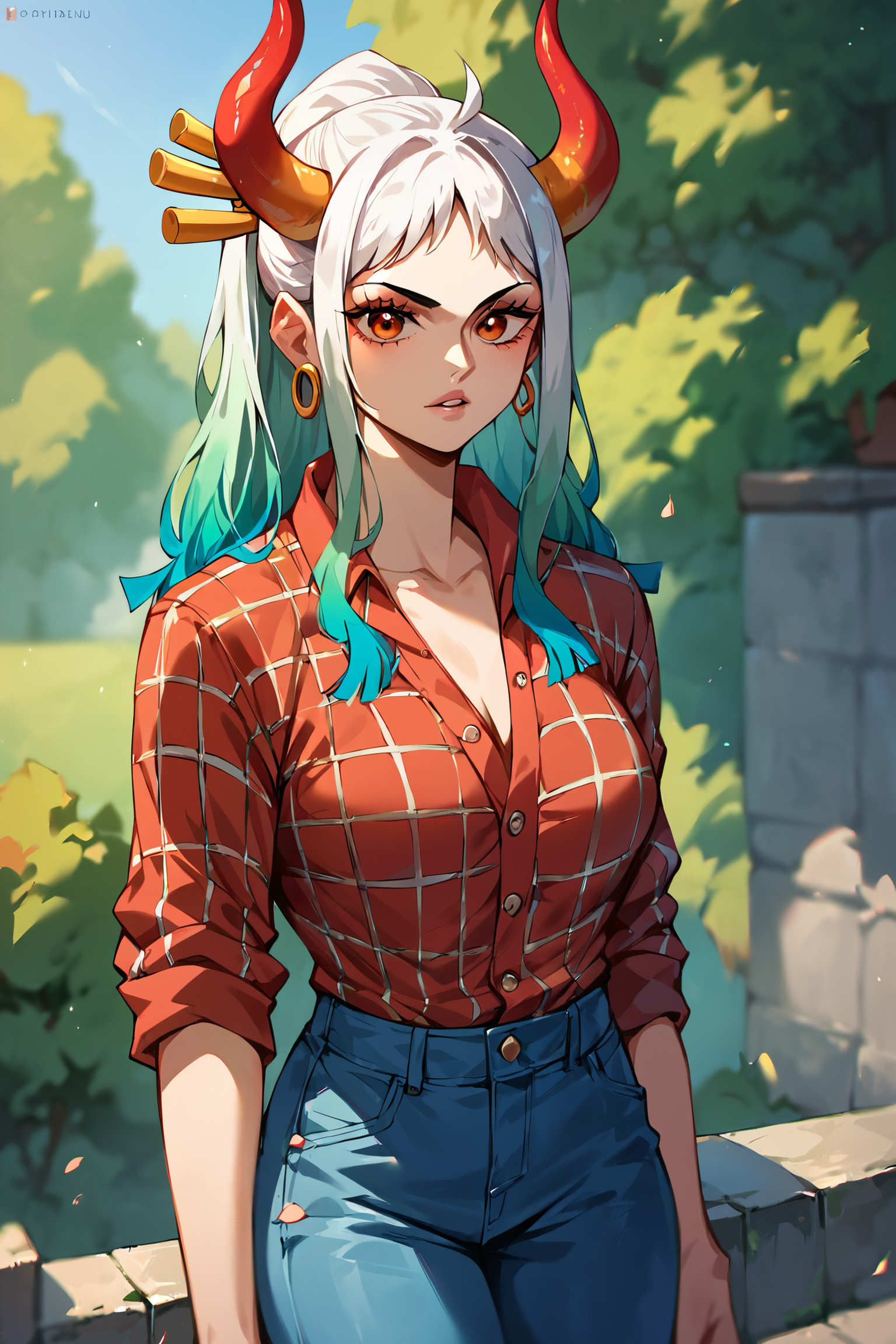 <lora:yamato_OP_XL_v1:0.8>   score_9,score_8_up,score_7_up,score_6_up,yamato \(one piece\), 1girl, solo, long hair,upper body,looking at viewer, parted lips, outdoors,Flannel shirt and leggings