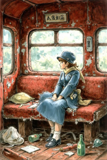 miyaha1 manga illustration.
jati1 painting
a girl sitting in a dilapidated train car. The train's red interior is faded and worn, with patches of rust staining the walls and ceiling. Garbage, broken bottles, and scraps of paper litter the floor, adding to the sense of decay. The girl sits on a torn, upholstered bench, her posture thoughtful and melancholic, with light streaming through a cracked window to illuminate her figure. Her attire blends vintage elegance with subtle modern touches, featuring a tailored coat and a scarf that catches the soft rays of light. Leyendecker's signature use of bold, confident brushstrokes and interplay of light and shadow bring depth to the scene, emphasizing the textures of the rust, the glossy shards of glass, and the folds of the girl's clothing. The mood is one of poignant beauty, juxtaposing the ruinous surroundings with the girl's quiet grace.
<lora:miyaha1_cap_d6a3e12:1.0><lora:818072325346850293:0>