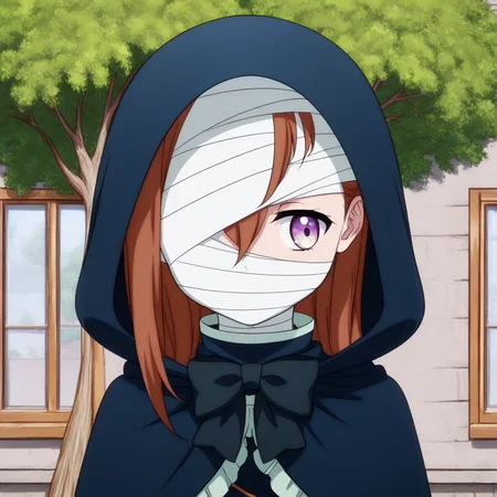 best quality, masterpiece, CostingTasha, 1girl, solo, hood, purple eyes, tree, bandages, brown hair, bow, hood up, bandaged head, black bow, upper body, outdoors, frills, looking to the side, cloak, hair between eyes, bandage over one eye, hooded capelet, capelet, black bowtie, bowtie, medium hair, day, one eye covered, window, long hair,