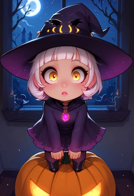 best quality, highly detailed, score_9, score_8_up, score_7_up, score_6_up,source_anime, BREAK, expressiveh, 1girl(Mikola from AFK Journey/,(ultra HD quality details), short white hair, hair hanging loose, (yellow eyes), SFW, Safe For Work, wide eyes, cutest girl in the world), source_cartoon, lineless, lilandavastyle, easynegative, g0thicPXL, glowing, neon, depth of field, makeup, Halloween theme, creepy haunted house interior, wearing a dark purple witch's outfit with a pointy witch hat, solo girl only, cute image, chibi, gleeful expression, carving a huge pumpkin,