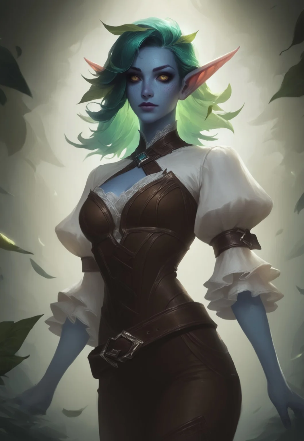 (score_9, score_8_up, score_7_up), missfortune, detailed_eye_model, concept art, realistic, Lol style, league of legends style, lol, league of legends, BREAK, 1woman, cowboy-shot, dramatic lights, clear eyes, sharp eyes, high quality eyes, high resolution eyes, detailed eyes, looking at viewer, eye contact, ((Elf, pointed ears, freckles on face, beautiful, detailed face, beautiful face, blue skin, horns, golden eyes, green hair, leaves in hair, leaves)), neck-length hair, loose hair, leafy hair, ((white shirt, flowy sleeves)), ((brown corset, brown leather pants)), belt, ((blue skin))