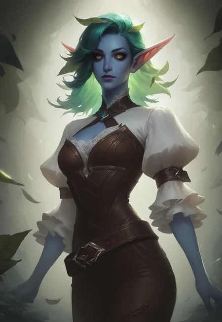(score_9, score_8_up, score_7_up), missfortune, detailed_eye_model, concept art, realistic, Lol style, league of legends style, lol, league of legends, BREAK, 1woman, cowboy-shot, dramatic lights, clear eyes, sharp eyes, high quality eyes, high resolution eyes, detailed eyes, looking at viewer, eye contact, ((Elf, pointed ears, freckles on face, beautiful, detailed face, beautiful face, blue skin, horns, golden eyes, green hair, leaves in hair, leaves)), neck-length hair, loose hair, leafy hair, ((white shirt, flowy sleeves)), ((brown corset, brown leather pants)), belt, ((blue skin))