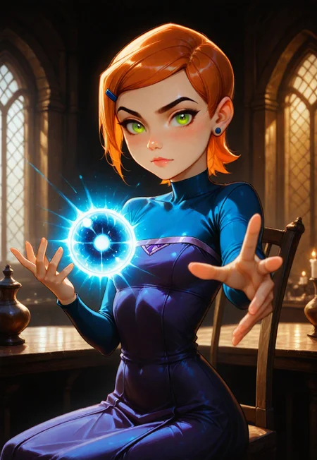 (masterpiece, best quality), amazing quality, very aesthetic, absurdres, highres, newest, HDR, 8K, anime style, chiaroscuro, impasto, intrinsic light, luster, shiny color, strong coloring, masterful shading, masterpiece, best quality, good quality, very aesthetic, absurdres, newest, 8K, depth of field, focused subject, in the style of cknc, artist:moriimee, in the style of cksc, BREAK 1girl, gwen tennyson (/Ben10)/,(ultra HD quality details), bright orange hair, short hair, (green eyes),wearing sorceress dress, tight dress, looking at viewer, closed mouth, reaching, outstretched hand, reaching towards viewer,outstretched arm, holding a glowing orb, Casting a frost ice spell, purple and blue spell, siren eyes, Causal mage clothes, floating in air, inside a tavern with golden lighting, sitting on chair,infront of a table, other hand hold a glass, Perfect hand, Detailed hand,