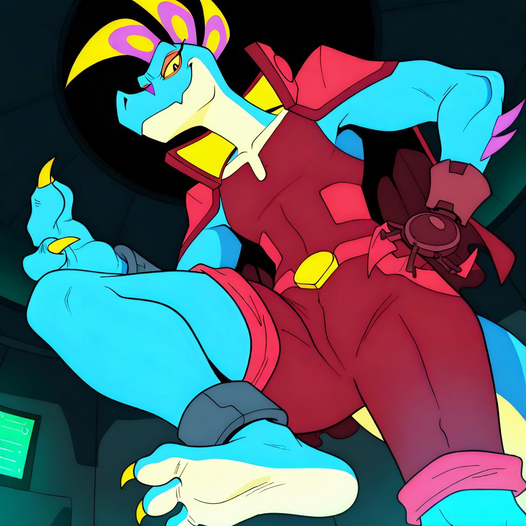 perfect eyes, detailed eyes, high definition eyes, anime screencap, absurdres, high quality, official style, masterpiece, best quality, amazing quality, very aesthetic, high resolution, ultra-detailed, absurdres, newest, <lora:TyneenMonkeyWrenchv3_indigoNAI:1> TYN33N, flat colors, solo, female, anthro, alien, scalie, muscular female, long neck, two tone body, blue body, tan countershading, two tone tail, yellow sclera, purple markings, broad shoulders, flat chested, yellow head spikes, thick tail, cybernetic arm, arm spikes, yellow claws, 3 fingers, plantigrade, barefoot, 3 toes, fully clothed, red clothing, capelet, shorts, jumpsuit, sleeveless, red suit, belt buckle, high collar, rolled up pants, ankle cuffs,  looking at viewer, mouth closed, standing on one leg, soles, looking at viewer, smug, from below, foot focus