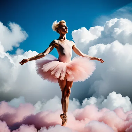 ethereal dreamlike photograph, achingly beautiful blonde boyish adult wearing a tutu ballet dancing on a cloud, vividly queer, high saturation