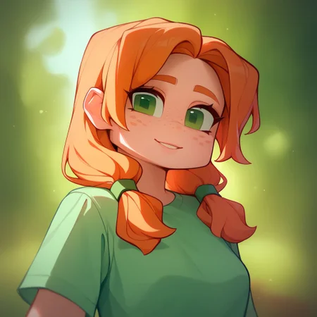 (((beautiful, high quality))), score_9, score_8_up, score_7_up, upper body,
MinecraftStyle, cubic world, 1girl, long ginger hair, pigtail, green eyes, freckles, green shirt,
blurred background, looking at the viewer, posing,