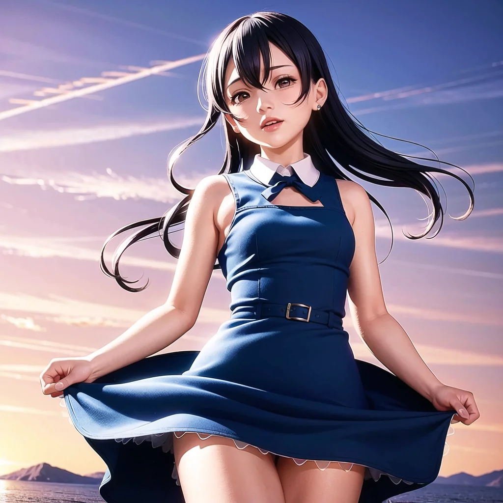 best quality, ultra high res, 1girl, solo focus, ((blue mini see through dress)), elbow dress, black thighhighs, frills, ribbons, studio background,floating hair, looking at viewer, facing front,