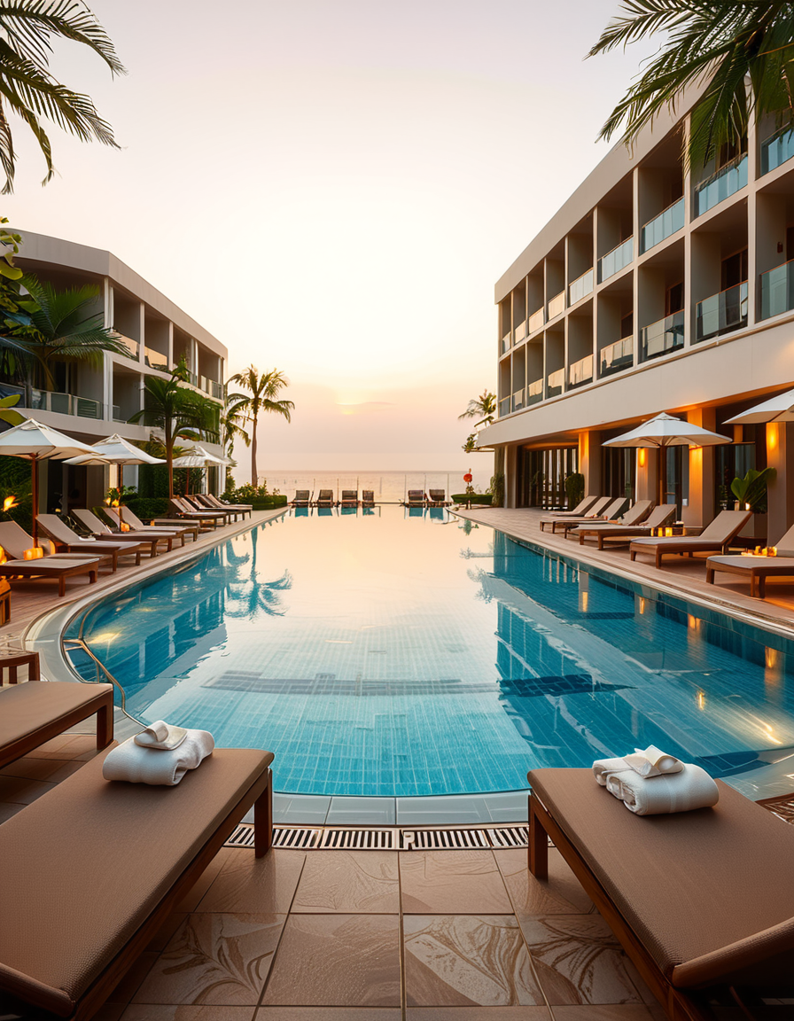 A luxurious hotel swimming pool at sunset, surrounded by elegant lounge chairs and palm trees. The crystal-clear water reflects the warm hues of the sky, creating a serene and inviting atmosphere. The pool has an infinity edge overlooking a breathtaking ocean view, with soft ambient lighting enhancing the tranquil mood. The surrounding area is immaculately maintained, with neatly arranged sunbeds, stylish umbrellas, and a sleek modern poolside bar in the background. The scene is captured in ultra-high resolution, with photorealistic details emphasizing the shimmering water, the textures of the pool tiles, and the gentle movement of palm leaves in the evening breeze.
<lora:SDXLFaeTastic2400:0.4> <lora:extremely_detailed:0.4> extremely detailed, <lora:hotel_sw1mm1ng_p00l:1>,hotel sw1mm1ng p00l, Masterpiece,best quality,hi res,8k,hi res,8k,award winning,(sharp focus, intricate, highly detailed),