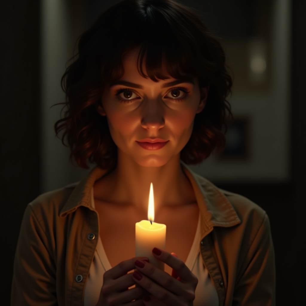 Hyperrealistic art  <lora:perfection style v1:1> sharp focus, detailed edges, 
A perfect photo of a woman holding a lit candle in her perfect hand,1girl,solo,short hair,brown hair,jacket,open clothes,realistic,candle , detailed face, detailed body, detailed hands, detailed eyes, detailed nose, detailed ears, detailed hair, detailed, perfection, detailed teeth, detailed skin texture, wrinkly, detailed fingers, detailed mouth, beauty, realism, real, detailed hair, detailed pores, detailed background, sharp image, detailed lips, different race, different color, different haircut, different skin tone, different, different people, different pose, perfection style . Extremely high-resolution details, photographic, realism pushed to extreme, fine texture, incredibly lifelike