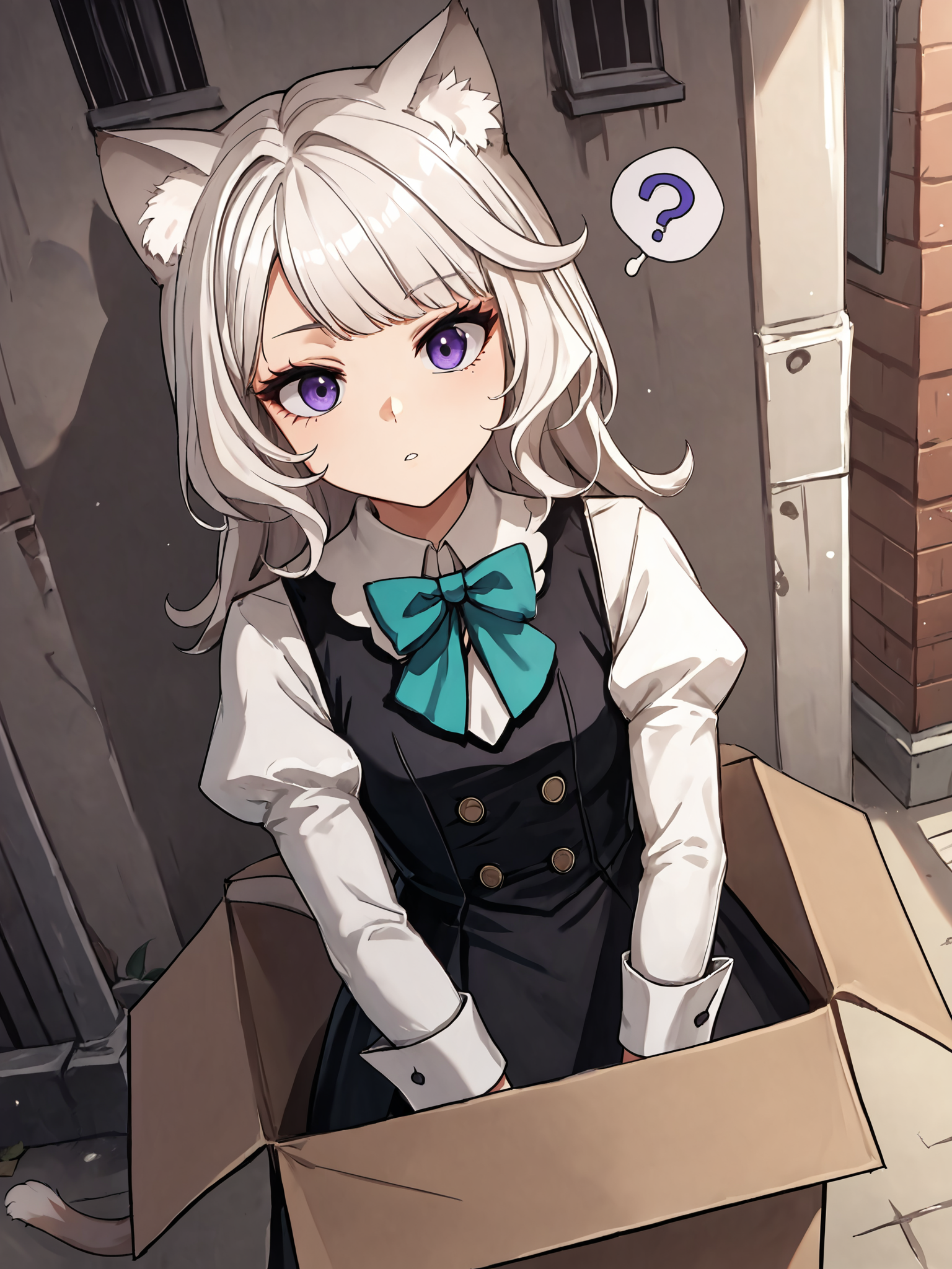 score_9, score_8_up, score_7_up, score_6_up, source_anime BREAK
1girl, solo, <lora:Genshin_Little_Lynette_Pony_v1:0.75>, medium hair, long hair, long sleeves, black dress, black vest, collared shirt, teal bow, cat ears, parted lips, cat tail, (white hair:1.5),  puffy sleeves, bowtie, in a cardboard box, (alleyway:1.5), purple eyes, expressionless, (question mark:1.5), looking at viewer, hands,