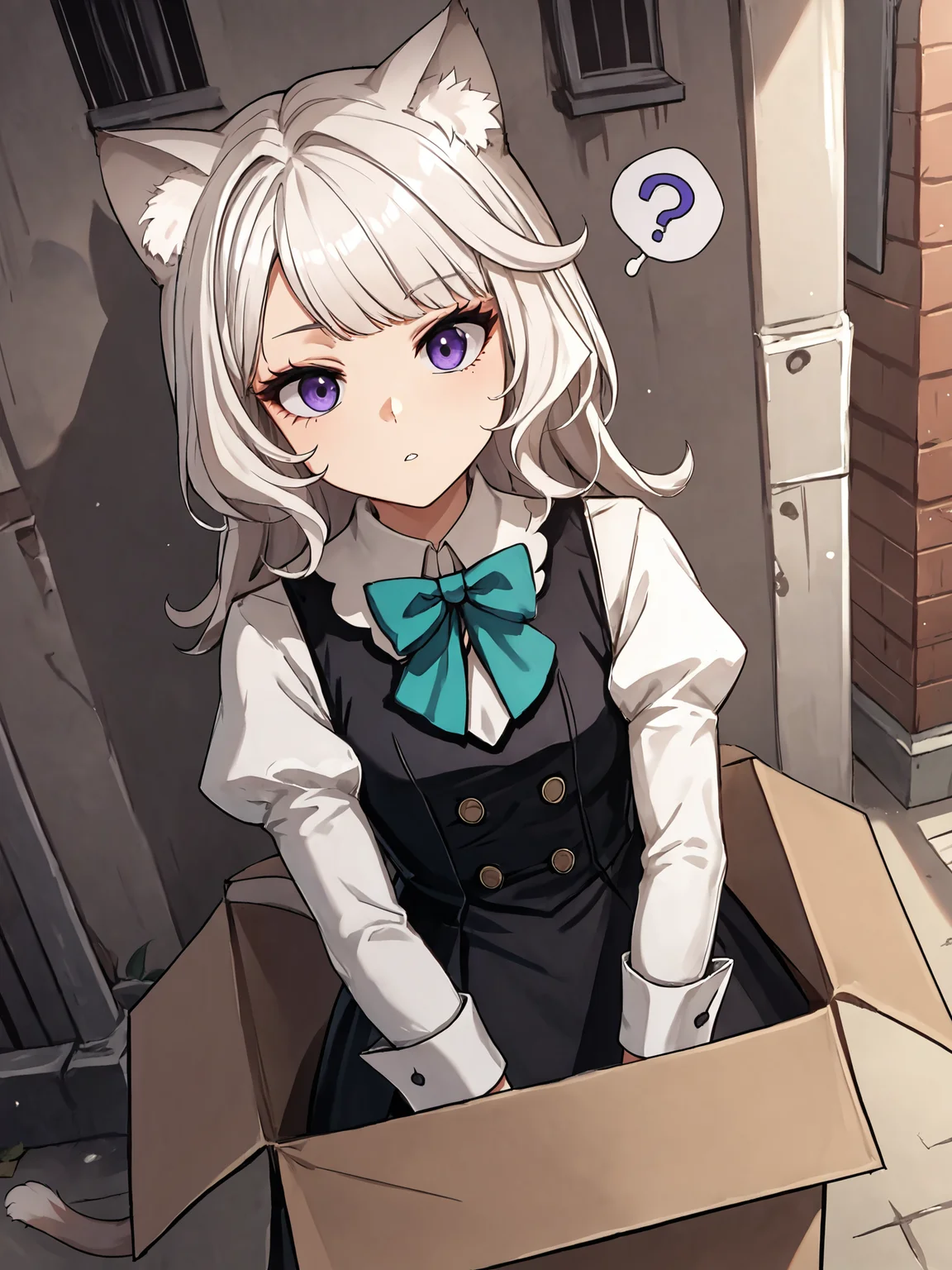 score_9, score_8_up, score_7_up, score_6_up, source_anime BREAK
1girl, solo, <lora:Genshin_Little_Lynette_Pony_v1:0.75>, medium hair, long hair, long sleeves, black dress, black vest, collared shirt, teal bow, cat ears, parted lips, cat tail, (white hair:1.5), puffy sleeves, bowtie, in a cardboard box, (alleyway:1.5), purple eyes, expressionless, (question mark:1.5), looking at viewer, hands,