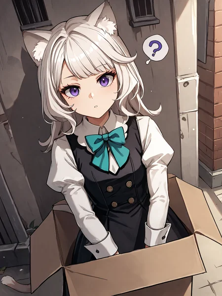 score_9, score_8_up, score_7_up, score_6_up, source_anime BREAK
1girl, solo, <lora:Genshin_Little_Lynette_Pony_v1:0.75>, medium hair, long hair, long sleeves, black dress, black vest, collared shirt, teal bow, cat ears, parted lips, cat tail, (white hair:1.5), puffy sleeves, bowtie, in a cardboard box, (alleyway:1.5), purple eyes, expressionless, (question mark:1.5), looking at viewer, hands,