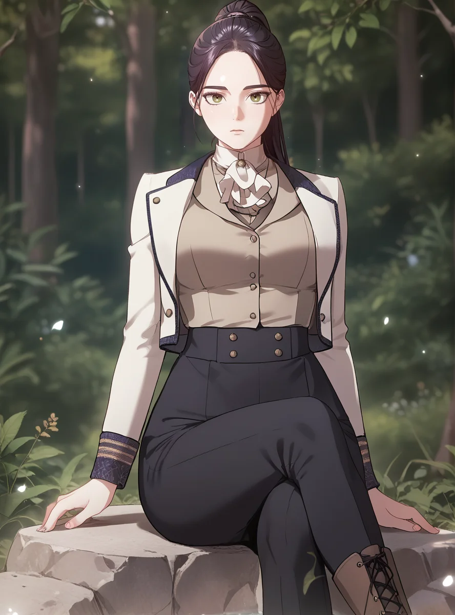 better skin,(score_9_up:1.2),(score_8_up:1.2),(score_7_up:1.2),expressiveh, ,1girl,Masterpiece,(perfect female body:1.2),(detailed hair), detailed background,thick thighs, big breasts,wide hips, small waist, detailed skin, looking at viewer, big breasts, (4k),(incredibly detailed:1.4), perfect anatomy, correct sense of scale, side lighting, feminine body, shiny skin, high layer, high layer long, slim, constricted waist, nice body, lips, Sexy mouth, neatly drawn nose, beautiful fingers, beautiful white skin, Beautiful clear skin looking at viewer, (large breasts:1.6), (facing viewer:1.5) sitting on stone, crossed legs, looking back, <lora:Inés_Escalante_-_The_Broken_Ring_This_Marriage_Will_Fail_Anyway_-_PONY-Kaleid:1> inés escalante, 1girl, black hair, green eyes, ponytail, boots, black pants, ascot, vest, jacket, formal, buttons (slim) on forest,