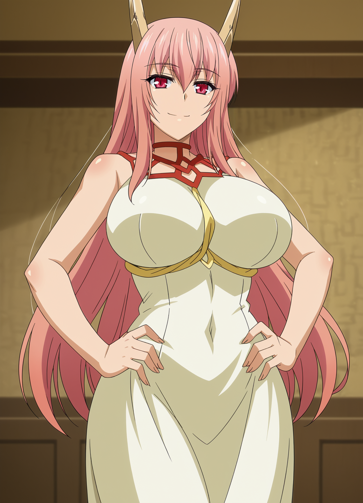 <lora:Navi-seikoku_no_dragonar:0.85>,Navi,1girl,long hair,pink hair,horns,res eyes,large breasts,bare shoulders,dress,cowboy shot,hands on own hips,looking at viewer,indoors,smile