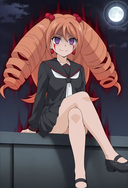 masterpiece,best quality,amazing quality,
1girl, solo, face focus,
Rekka Tatsunagi (Cardfight Vanguard), long hair, orange hair, drill hair, twin drills, purple eyes, earrings, jewelry, hair ornament, hair bobbles,
school uniform, black serafuku, black skirt, pleated skirt, white neckerchief, long sleeves, pleated skirt, black footwear, mary janes,
Sit, crossing legs,
cinematic, smile, evil smile,
Lens flare, bloom, night, moon,
Reverse Corruption, red aura, corruption, empty eyes, facial mark,
Official style, anime screencap, anime coloring,