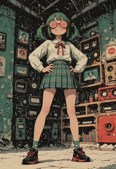 1 girl, smirk, blush, funny, fujoshi miku, fujoshimiku, green hair, twintails, opaque glasses, coke-bottle glasses, white shirt, red ribbon, pleated skirt, plaid skirt, socks, long legs, big eyes, standing, hands on hips, flat color, pop art, clean lineart, yoneyama mai, ahoge, shoujo style, flat coloring, soft, low angle
sinozick style, flat color, in the style of cksc, illustration, masterpiece, (extremely detailed CG 8k), (very fine 8K CG), (ultra detailed perfect piece:1.2), lat color, no lineart,,(no lineart, flat art style:1.0), NO_LINE_ART, comical, simple,
<lora:Sinozick_Style_XL_Pony:0.35> <lora:NOOB_vp1_detailer_by_volnovik_v1:1> <lora:ponyv6_noobV1_2_adamW:0.9> <lora:ck-shadow-circuit-IL:1>