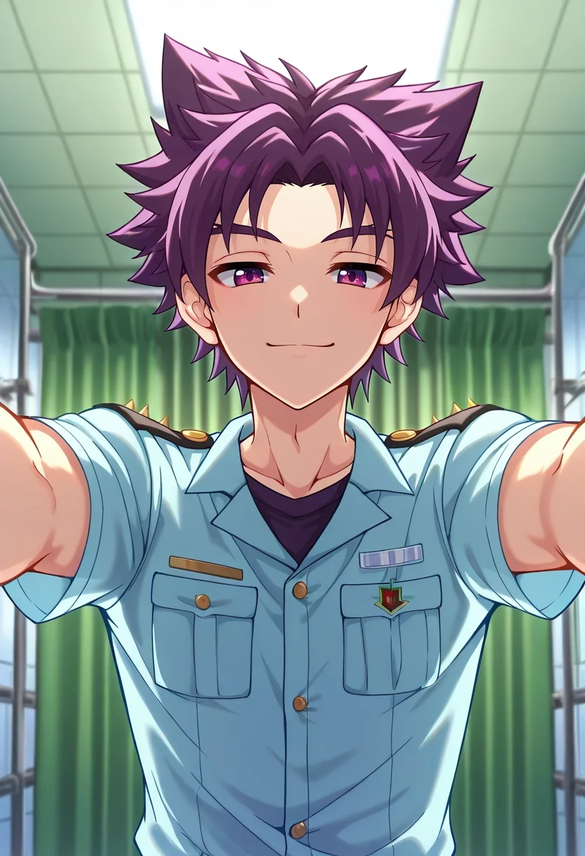 masterpiece, best quality, intricate details, anime screencap, anime coloring, , looking at viewer, depth of field, 1boy, solo, male focus, <lora:yoichi_yukimura_ilxl:1>, yoichi_yukimura, purple hair, purple eyes, short hair, spiked hair, uniform, straight-on, hospital, indoors, light, outstretched arms, half-closed eyes, smile, ,