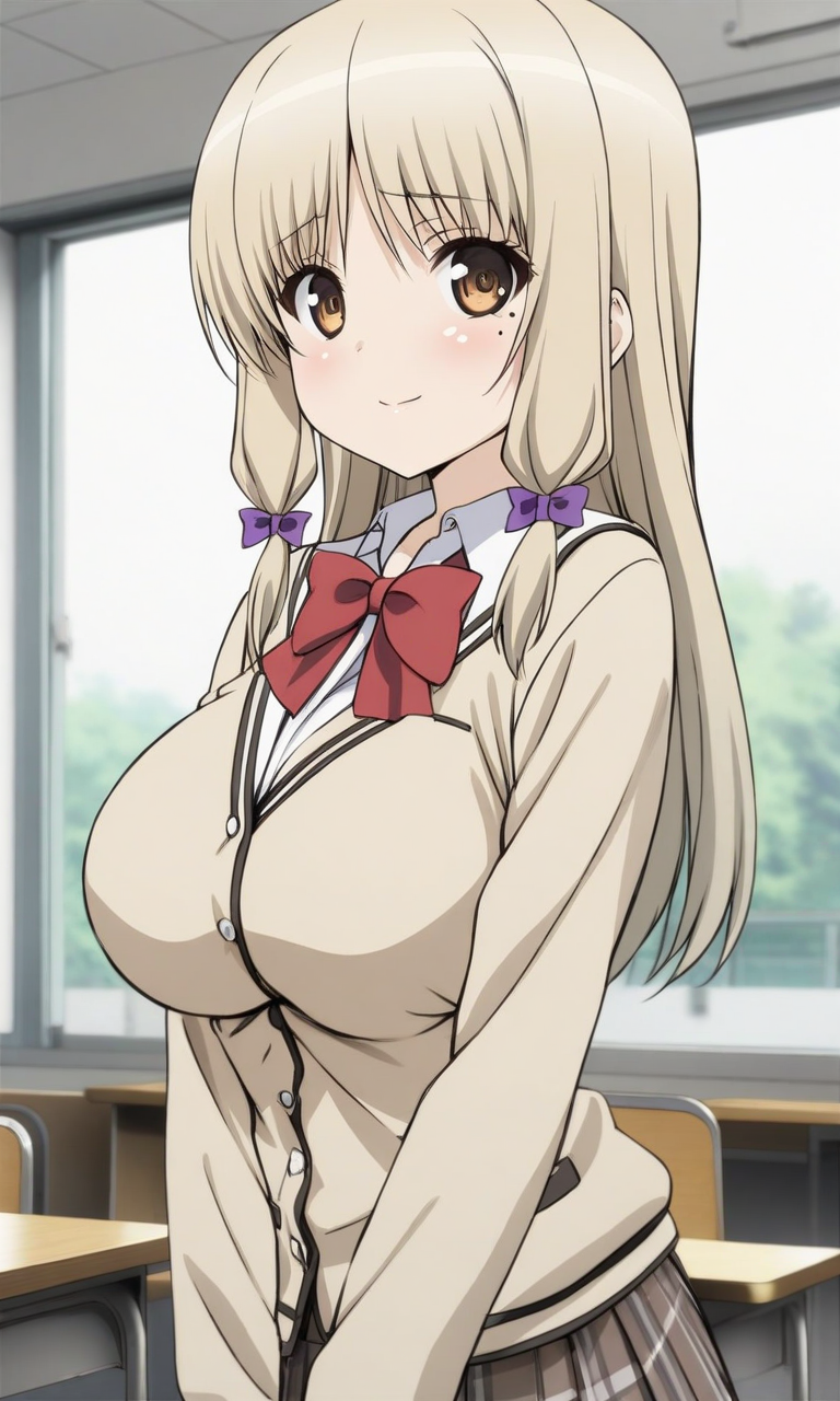 masterpiece, best quality, BREAK
solo, kujoufumi, (big breasts:0.6), school uniform, 
looking at viewer, light smile, blush, mole under eye, red bow, 
indoors, classroom, 
<lora:KujouFumi_XL:1>