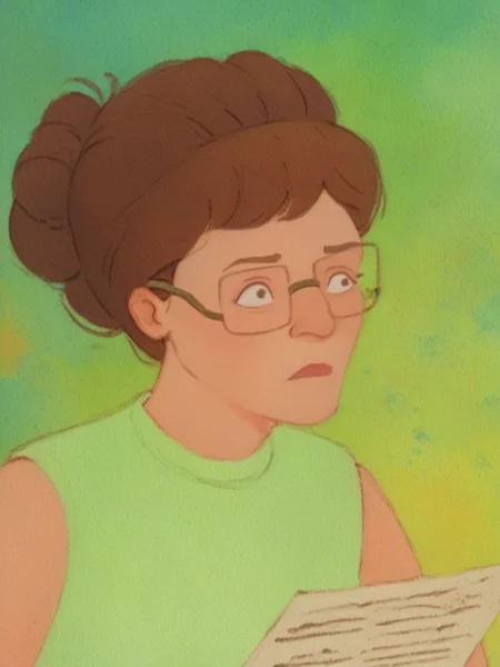 score_9, score_8_up, score_7_up, a watercolour painting, 1girl, p_hill, upper body, green shirt, sleeveless shirt, glasses, brown hair, watercolor on paper, ethereal, delicate brushtrokes, dreamy atmosphere, nature, <lora:Peggy_Hill_LoRA_Pony:0.8>