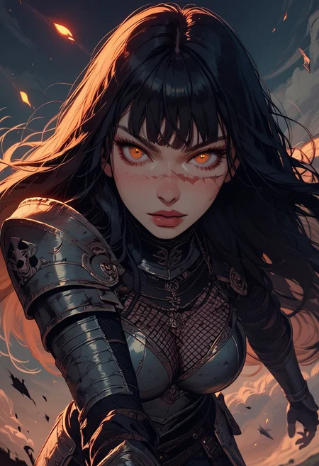 Score_9, Score8_up, Score_7_up, (((High Resolution, Best Quality))), 
1girl, beautiful, breasts, battle scarred, damaged armor, fishnets under armor, bangs, long hair, plated armour, holding battleaxe, battle stance, dynamic angle, ancient fantasy city, battle-ready stance, dynamic pose, at night, moonlight, riding a nimbus cloud, nimbus, directional lighting, viewed from above,
beautiful eyes, detailed eyes, perfect eyes, orange eyes, beautiful eyes, looking at viewer, extreme foreshortening,